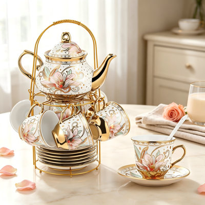 20 Pcs Porcelain Tea Set with Metal Holder and Spoon Adult Ceramic Tea Set European Flower Painting Teapot Cup Saucer Spoon for Women Mom Gift, Large Version (Traditional Style)