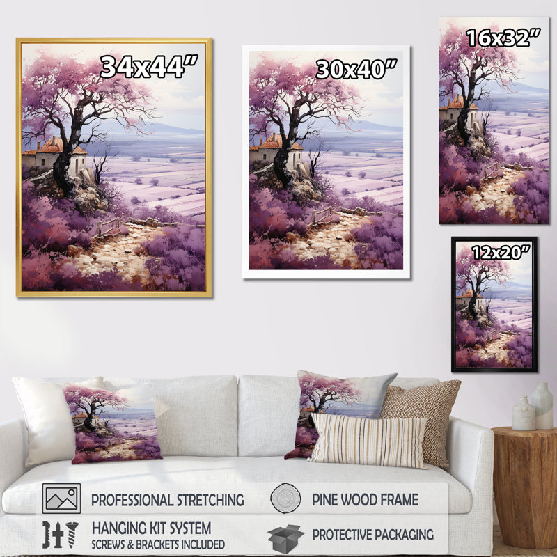 Champ mauve sur la côte d'azur sur toile, Cadre simple noir, H 44 po x l 34 po x P 1,5 po