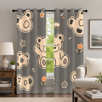 2Pcs Cartoon Bear Printed Curtains, Playful Animal Pattern Drapes, Cute Floral Decorative Grommet Window Panels for Bedroom Living Room Home Decor