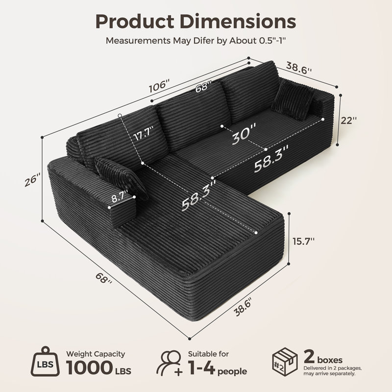 Canapé modulaire de 106 po avec méridienne, canapé en osier flanelle moelleux avec assise profonde, canapé modulaire en forme de L avec coussins pour le salon, petit espace, noir