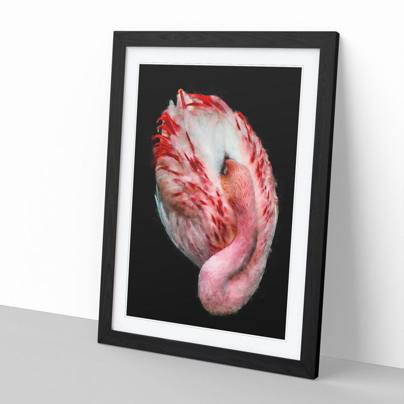 Curled Flamingo - Picture Frame Painting, 36cm H x 27cm W x 2cm D, Black Framed