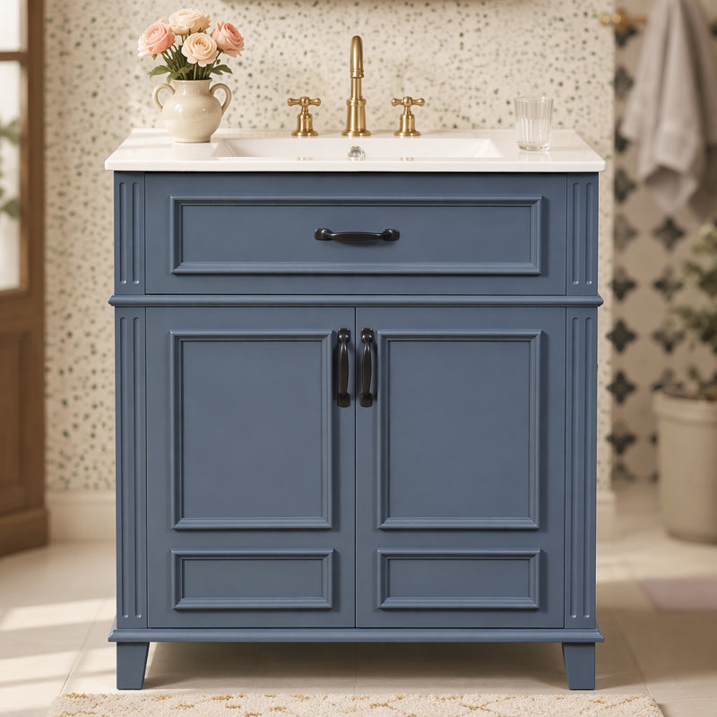 Meuble-lavabo de 30 po avec lavabo en céramique, armoire de rangement en bois massif avec portes à fermeture douce, style rétro