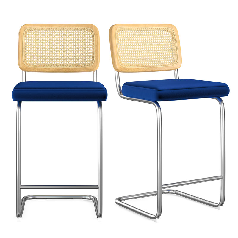 Baumgartner Upholstered Counter Stool with Metal Frame, Silver, Blue, Counter Stool (26" Seat Height)