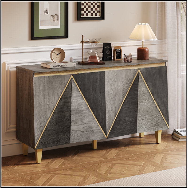 Retro Buffet Cabinet with Storage, 4-Door Vintage Sideboard with Dimensional Effect Doors and Adjustable Shelves for Versatile Use