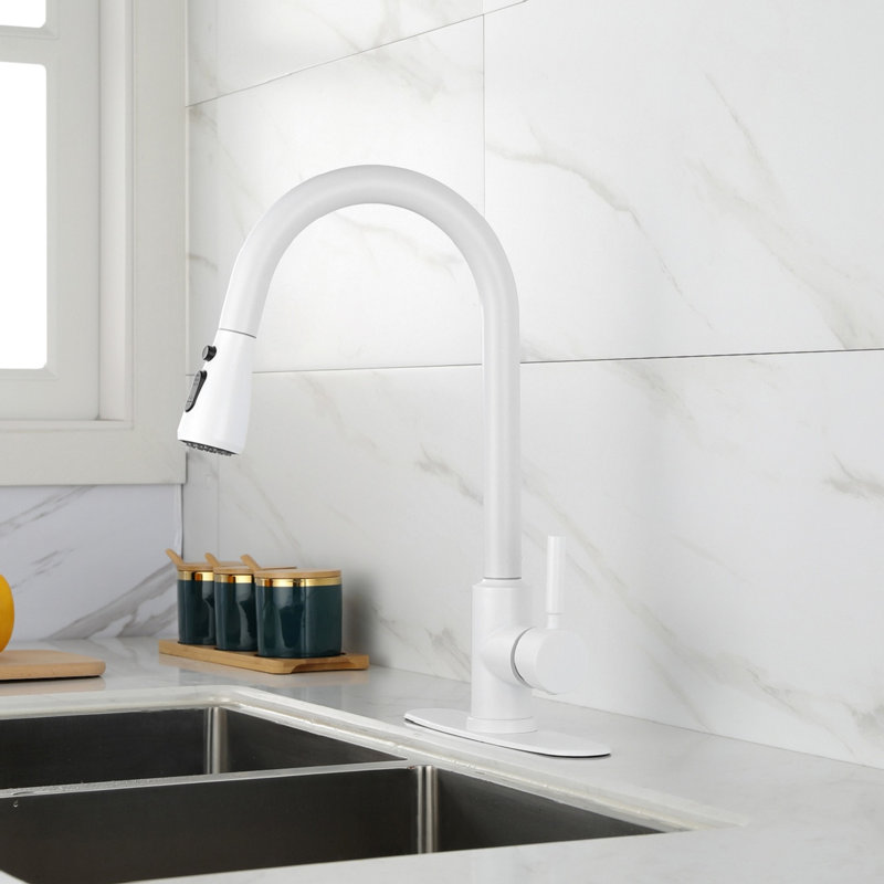 Robinet de cuisine en acier inoxydable blanc, douchette extractible pour plus de commodité, buse rotative à 360 °, deux réglages de débit d'eau, fonctionnement simple et facile avec jet blanc, conception moderne,