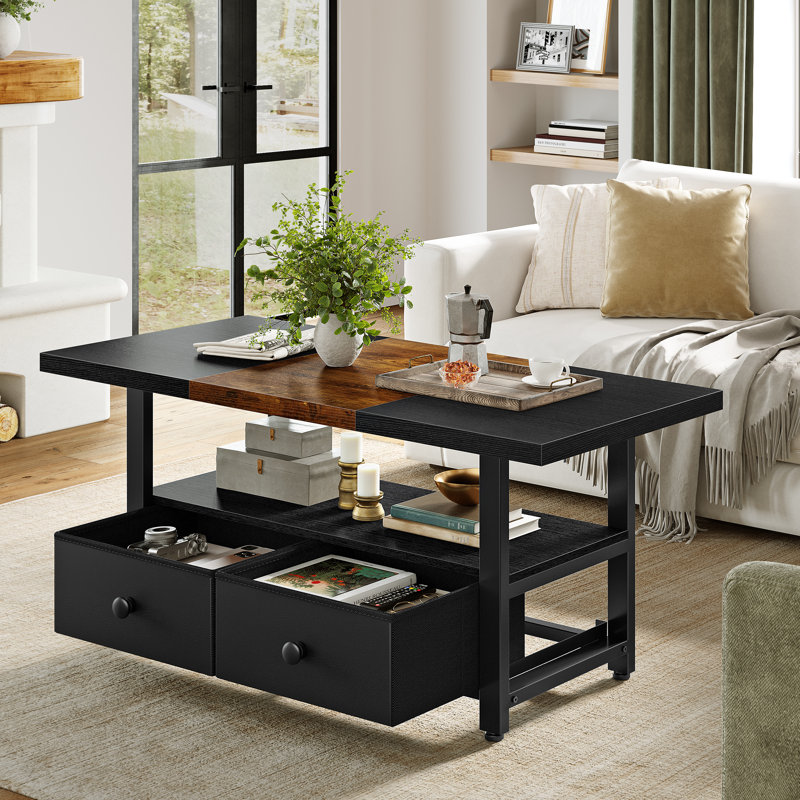 Petite table basse en bois avec 2 tiroirs Wynny Farmhouse, Brun / Noir