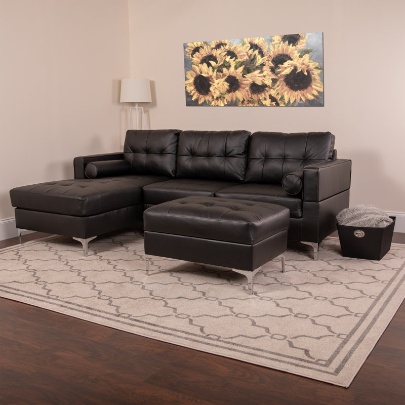 Canapé avec méridienne réversible avec repose-pieds de 112,5 po de large Coveale, Similicuir noir