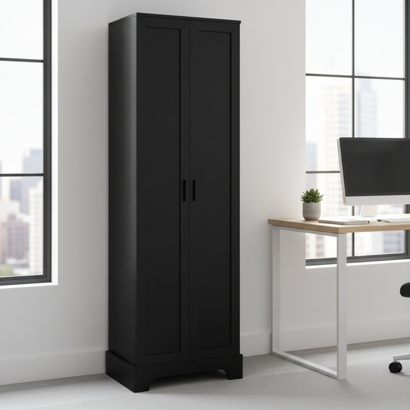 Black Minimalist Double-Door Storage Cabinet, Suitable For Both Bathroom And Office Use, Adjustable Shelves, Medium-Density Fiberboard, Environmentally Friendly Storage Cabinet.