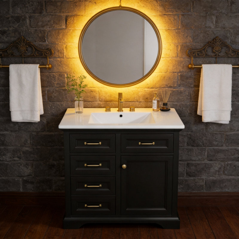 Meuble-lavabo noir 36 po avec comptoir en céramique 36 po, armoire de rangement autoportante à 4 tiroirs et porte à fermeture en douceur, meuble-lavabo simple moderne avec poignées en métal, pré-percé pour robinet de 8 po