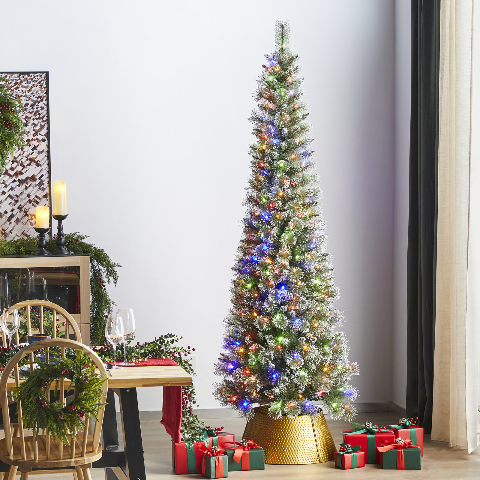 Leilonie Flocked Pre-Lit Pine Christmas Tree, 7.5'