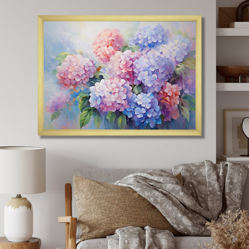 Impression romantique d'hortensia mauve rose, H 34 po x l 44 po x P 1,5 po, Cadre doré simple