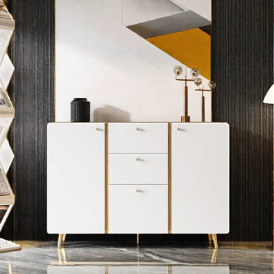 Sideboard Buffet Storage Cabinet With 3 Drawers & 2 Doors. 45.99" White For Living Room, Kitchen. Adjustable Shelves, Spacious Drawers. Made Of Particle Board + . 70 Lbs Capacity. Fluted Surface