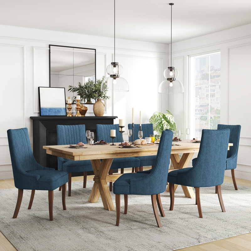Modern Linen Fabric Kitchen Side Chair,  Dining Chair（Set Of 2）, 2, Blue