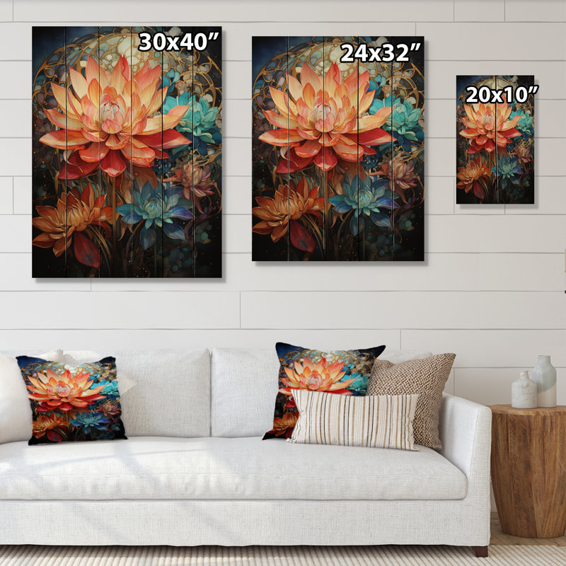 Mandala de lotus art bouddhiste orange turquoise sur bois, H 40 po x l 30 po x P 0,78 po
