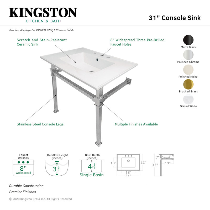Kingston Brass Monarch 31-Inch Ceramic Console Sink with Stainless Steel Legs (4-Inch, 3-Hole), White/Polished Chrome