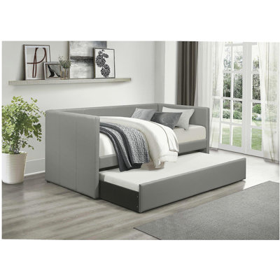 Gray Faux Leather Upholstered Contemporary Daybed with Trundle Wooden Furniture 1pc