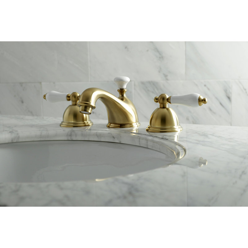 Kingston Brass Restoration Two-Handle 3-Hole Deck Mount Widespread Bathroom Faucet with Brass Pop-Up Drain, Satin Brass