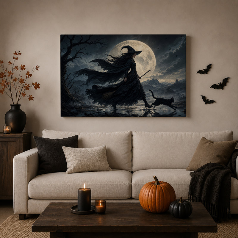 Sorcière en cape noire marchant avec un chat sous une toile murale d'Halloween, H 20 po x l 30 po