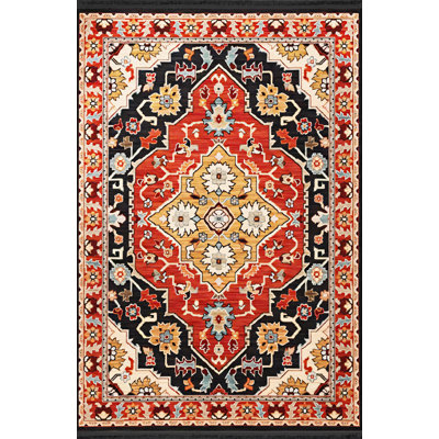 Red Themed Multi-Colored Traditional Motif Ethnic Patterned Fringed Vintage Decorative Rug