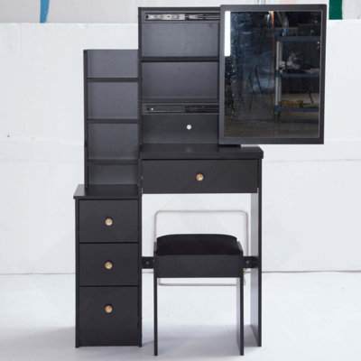 Small Space Left Bedside Cabinet Vanity Table + Cushioned Stool, Extra Large Right Sliding Mirror, Multi Layer High Capacity Storage, Practical Fashionable Dresser, Suitable For Small Space