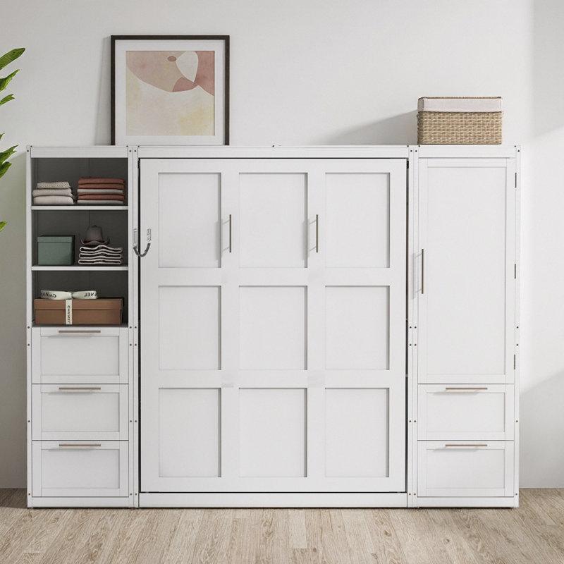 Lit escamotable grand format VARELON avec placard, tiroirs et tablettes, Blanc