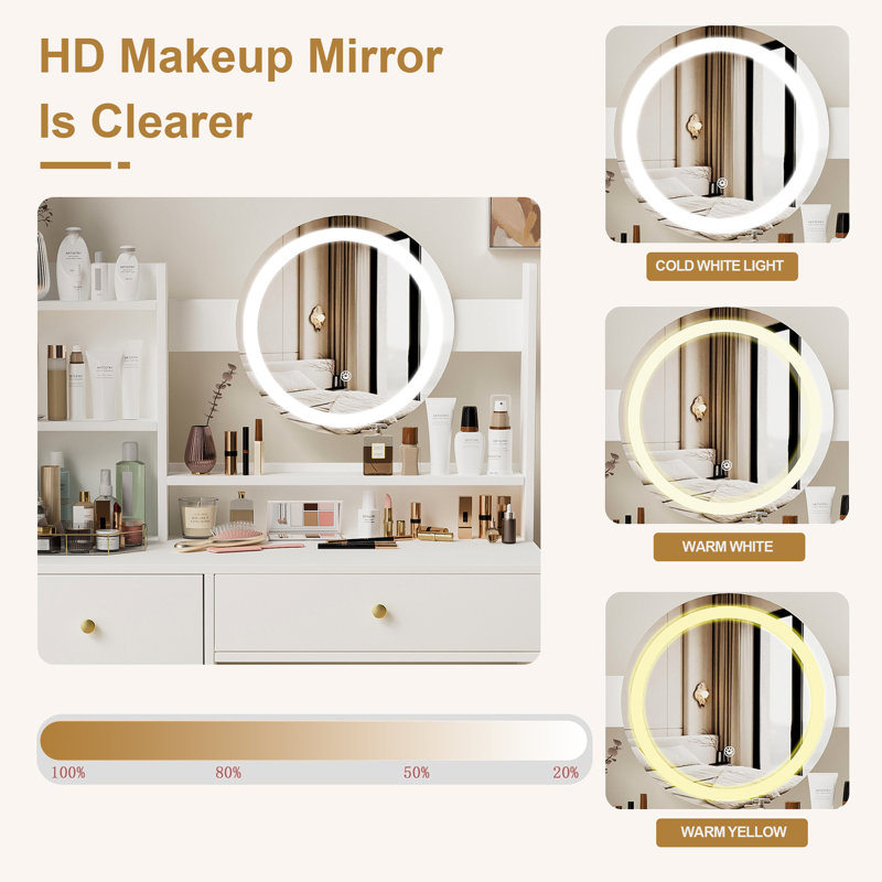 Vanity Mirror With Lights And Table Set With 3 Colour Lighting Brightness Adjustable,Dressing Table