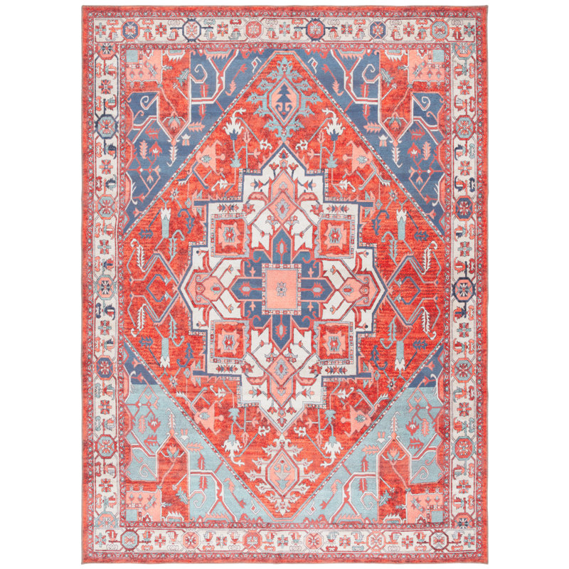 Wassay Cotton/Chenille Machine Washable Southwestern Rug in Rust/Blue, Rectangle 9' x 12'