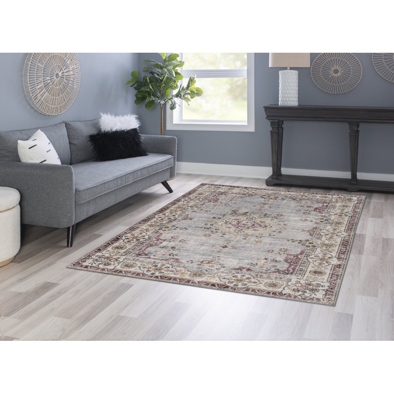 Tapis bleu pâle et ivoire lavable à la machine Delacroy, Rectangle 5 pi x 7 pi