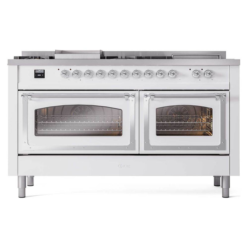 ILVE Nostalgie II Noblesse 60 inch Dual Fuel Range  (7 Sealed Burners + Griddle + French Top, Triple Glass Door, RAL), Chrome