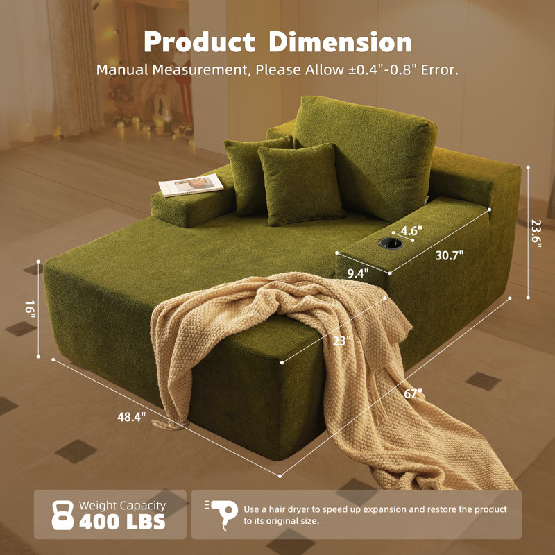 Boneless No Assembly Required Compression Packed 1-piece Cloud Modular Upholstered Sectional Sofa, Green Teddy