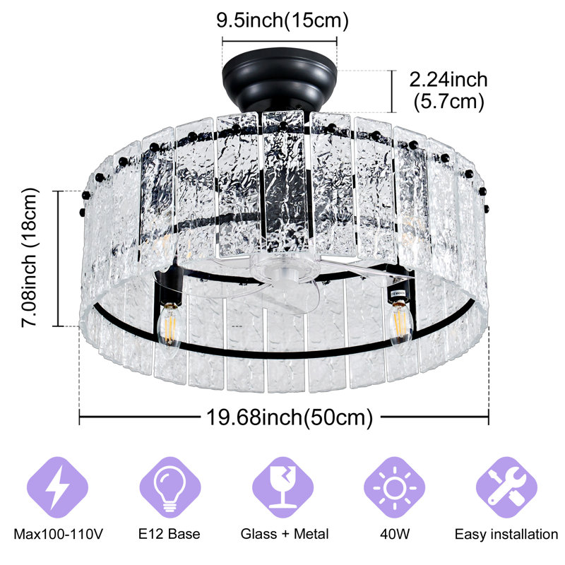 19.68" Black Crystal Caged Ceiling Fan With Light – Remote Control, Reversible Blades For Glam Bathroom & Dining Room