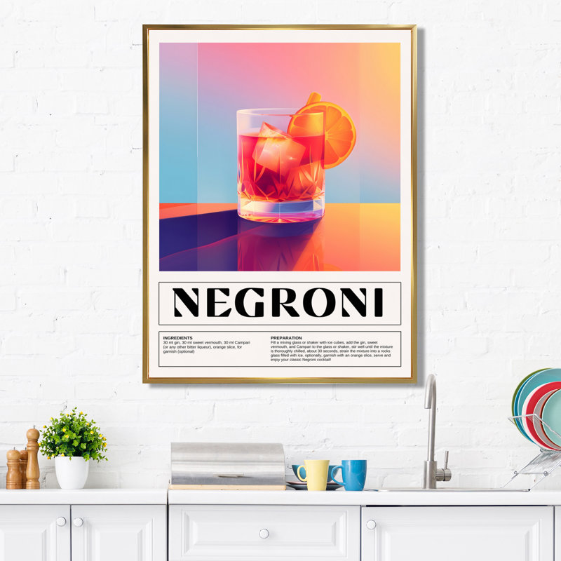 Décoration murale verre à l'ancienne «Negroni On The Rocks», Toile avec cadre flottant or, H 40 po x l 30 po x P 1,5 po