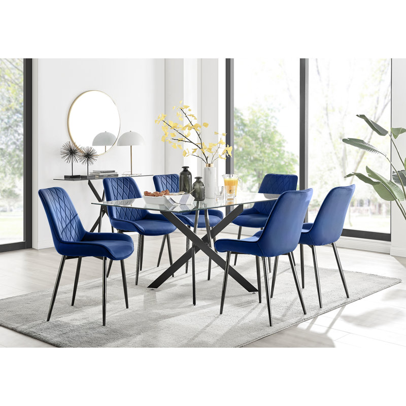 Lenworth Glass Rectangular Dining Table Set with 6 Luxury Velvet Chairs, Blue/Black, Black