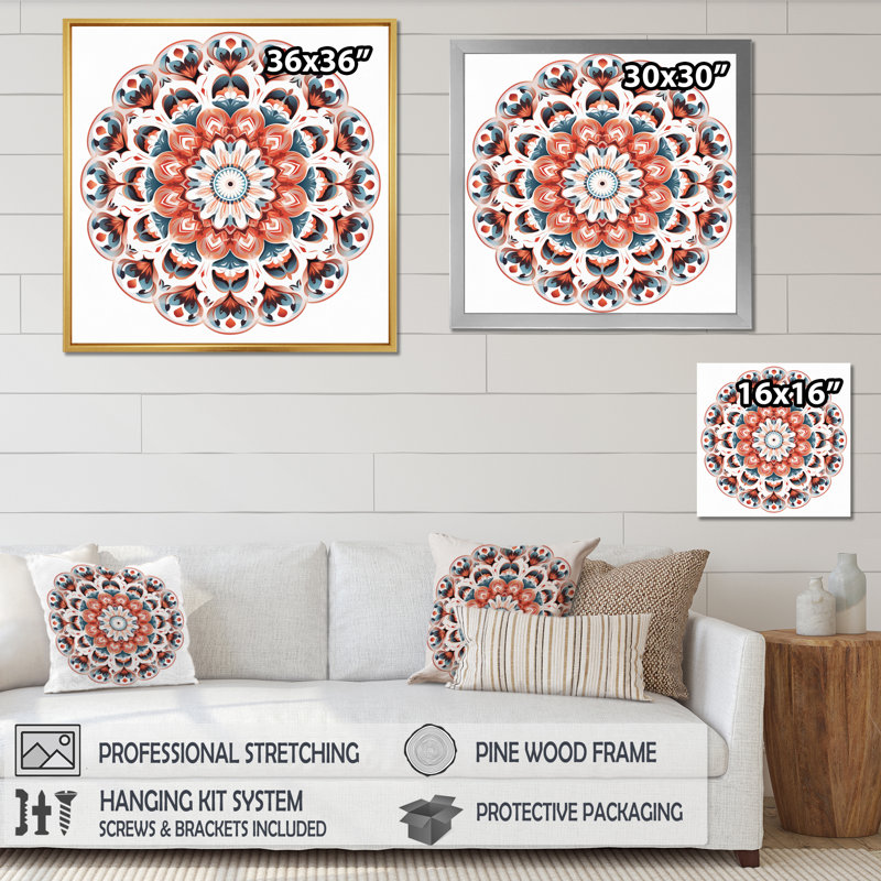 Mandala élémentaire sérénité en bleu et rouge, Cadre flottant blanc, H 30 po x l 30 po x P 1 po
