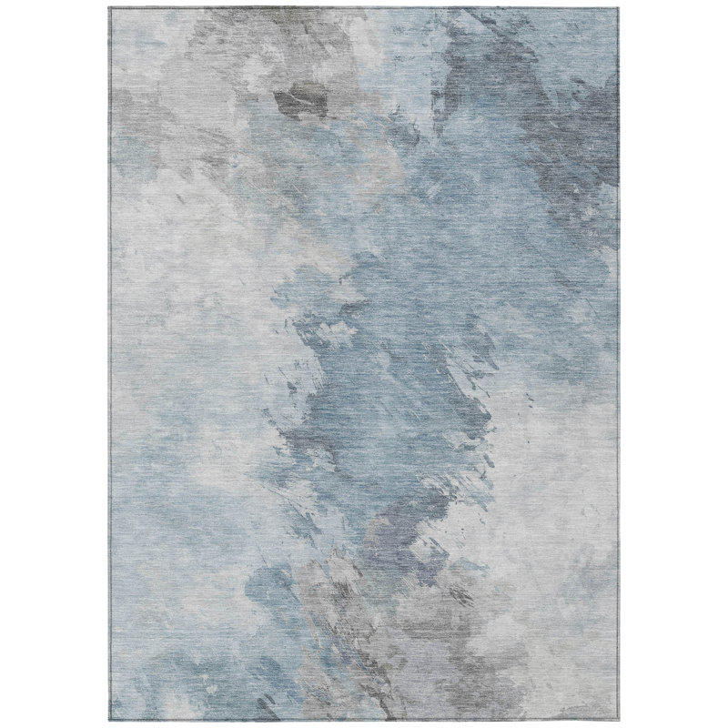 Tapis extérieur lavable abstrait bleu ciel et ivoire 9 pi x 12 pi