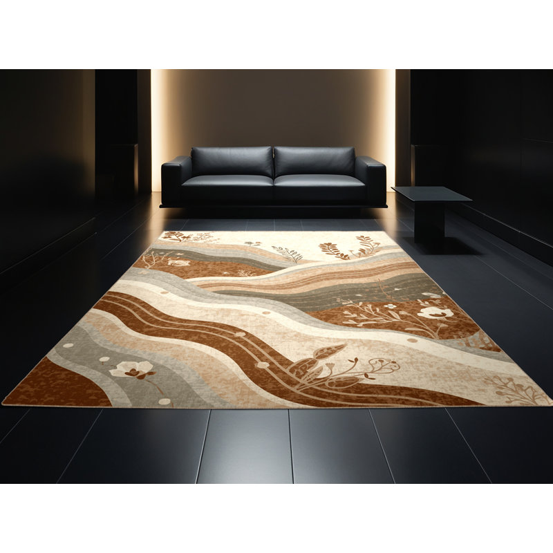 Machine Washable Ovetta Mountain Geology Layers Classic Floral Rug in Beige – Beige Binding, 2x3