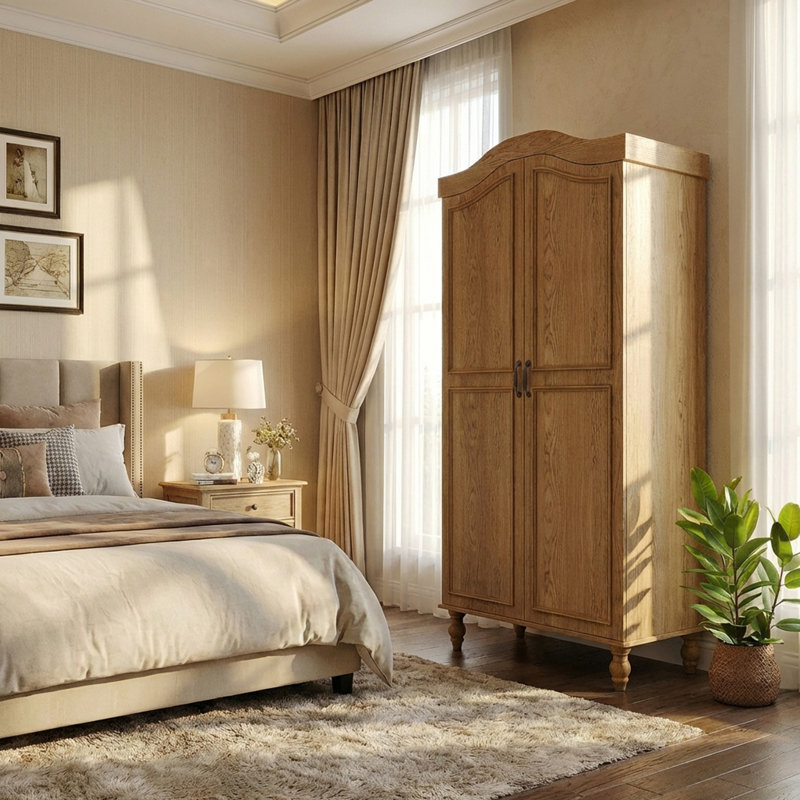 Armoire 71 po H, armoire à 2 portes avec tringle et tablette pour rangement dans la chambre à coucher, bois naturel