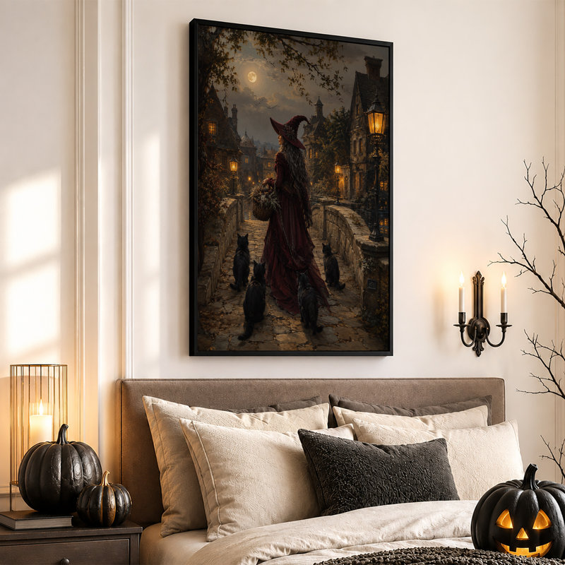 «Witch with Black Cats on Moonlit Village Bridge», art mural sur toile, H 30 po x l 20 po