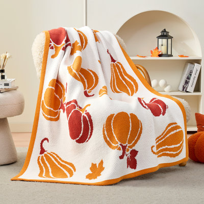 Fall Halloween Pumpkin Chenille Knit Throw Blanket – Reversible Pattern, Fall Gift Blanket, Soft Cozy Knit for Couch Bed