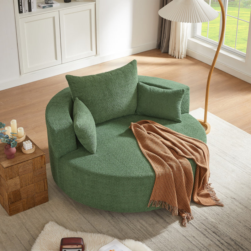 55"W Upholstered Oversized Swivel Barrel Accent Chair, 26.9" H x 55.1" W x 55.1" D, Green Chenille