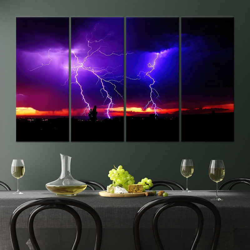 Printed Canvas Artwork: Lightning Sky Phenomenon Wall Decor,4P Wrapped Canvas, H: 43.3 x W:63 inches