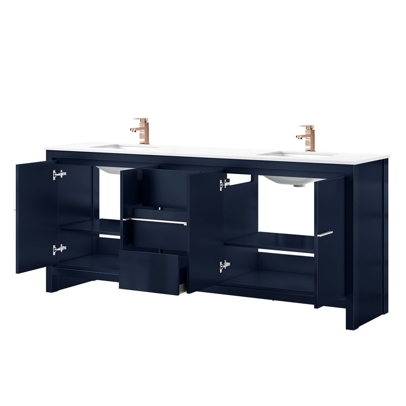 80 po L x P 20 po. Meuble-lavabo bleu marine avec surface en quartz blanc et robinet or rose - Design moderne