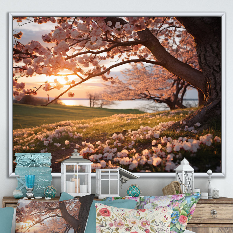 «Pink Cherry Blossom Field II», reproduction sur toile, H 34 po x l 44 po, Gold Picture Framed