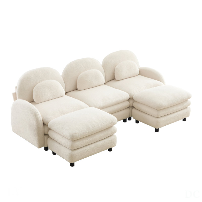Teddy Fabric Cloud-Like 3-Seat Sofa, Curved Backrest And Armrest With Lumbar Pillows, Sectional Modular Couch With 2 Movable Ottomans, Beige White