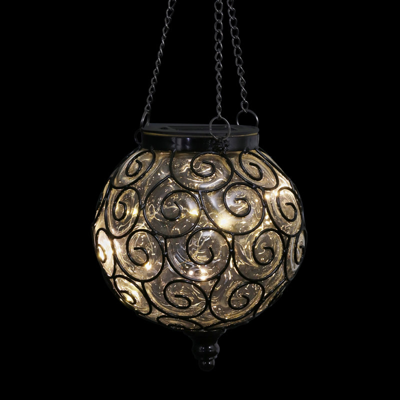 Clear Glass and Black Metal Solar Hanging Lantern with LED Lights