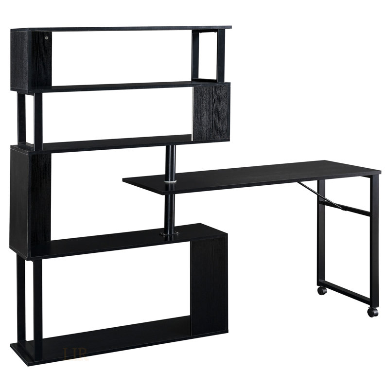 Table de coin en L pour bureau à domicile, rotative avec bibliothèque à 5 niveaux, quatre méthodes d'installation, roulettes verrouillables