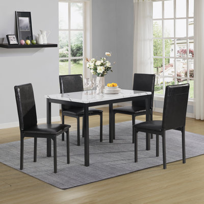 Ensemble de salle à manger 5 pièces en métal avec plateau en faux marbre stratifié, table de salle à manger avec 4 chaises