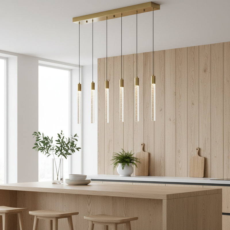 5 Lights  Modern LED Crystal Pendant Light Kitchen Island Liner Style 3000 K Triac Dimming, Brass