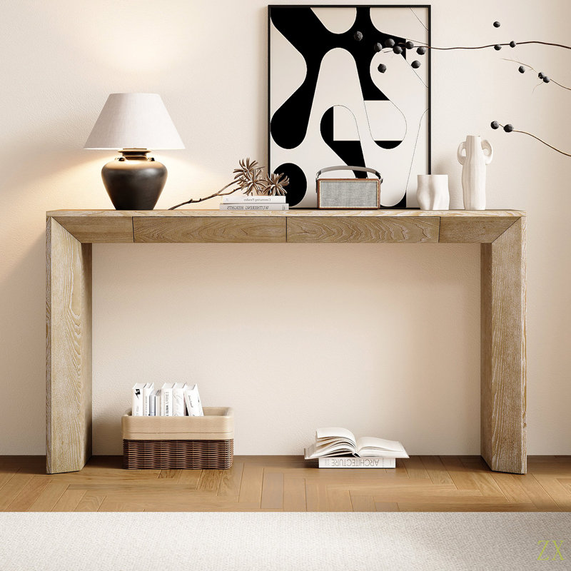 60" Modern Farmhouse Console Table With 2 Concealed Drawers, Waterfall Design Entryway Table With Thickened Legs & Wood Grain For Living Room, Entryway & Hallway