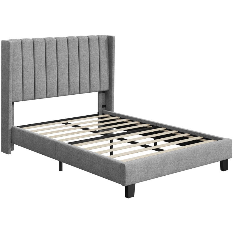 Upholstered Bed Frame with Channel Tufted Headboard, Double (4'6), Light Grey